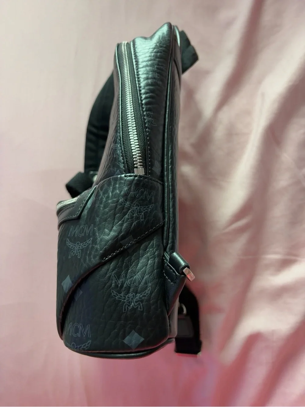 MCM Black Monogram Leather Sling Backpack
